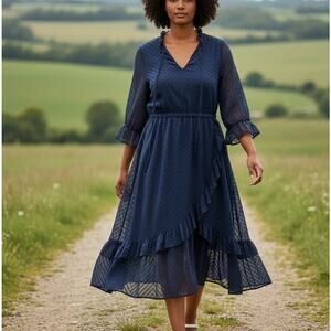 Junarose Blue Chiffon Midi Shirt Dress Size 14 Chevron Ruffle Work Career $89